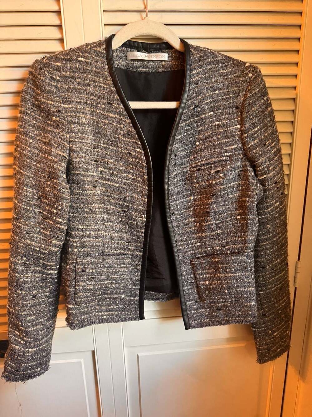 Ulla Johnson Grey Tweed Wool Jacket with Lambskin Leather Trim Size 6